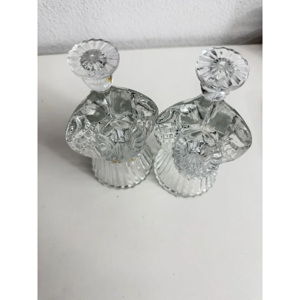 Vintage Clear Pressed Glass Angel Candle Holders Pair Praying Wings 7.5 Inch